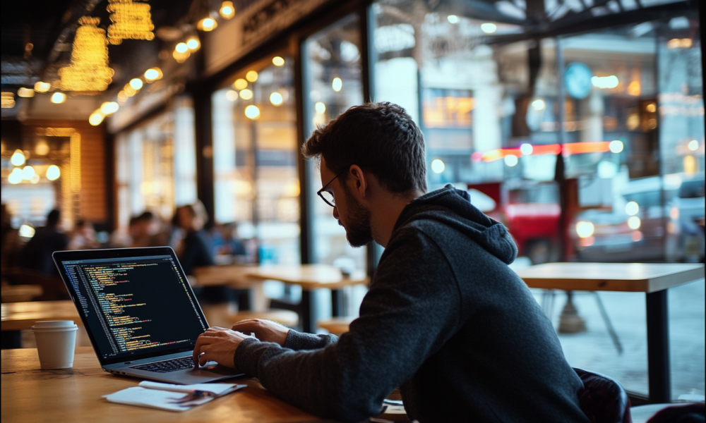 Software developer working from a coffee shop