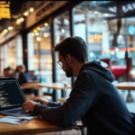 Software developer working from a coffee shop