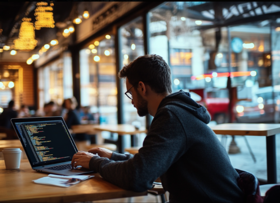 Software developer working from a coffee shop